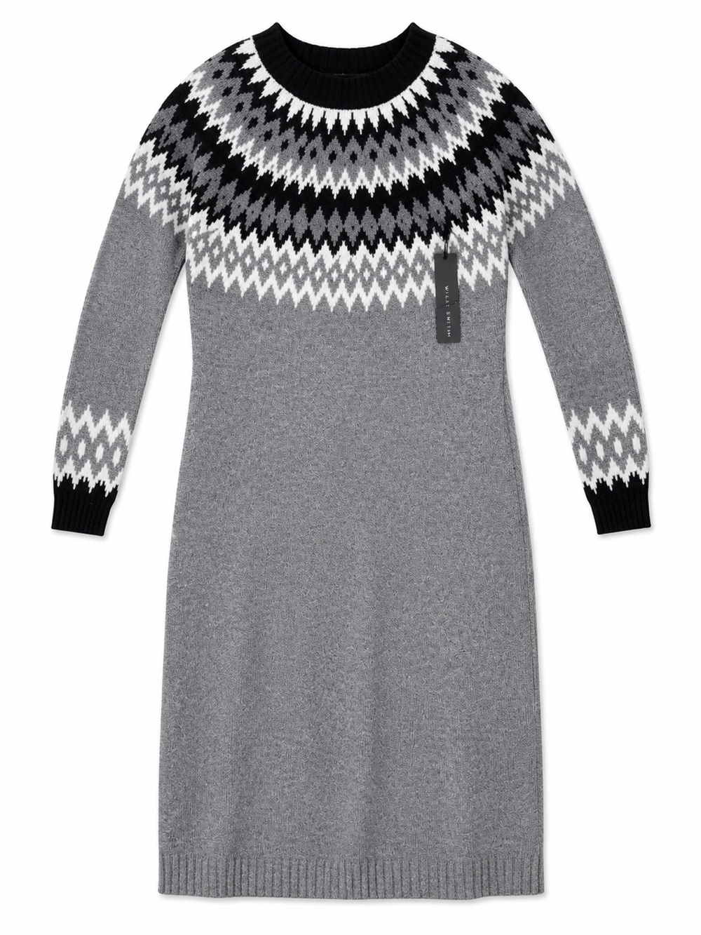 NWT Willi Smith Gray Fair Isle Long Sleeve Knit Dress New W/Tags